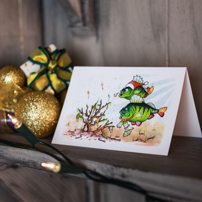 Festive Perch Christmas Card From Angling Direct On Your Mantlepiece